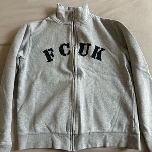 French Connection Grey Zip-Up Sweater with Black Lettering